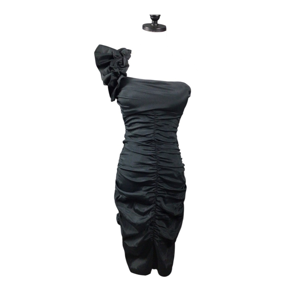 Vintage Cache’ Black One-Shoulder Ruching Dress Sz 6 Body Con